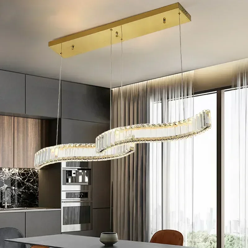 

Modern Dining Room Dimmable Led Pendant Lights Double S Wave Steel Lustre K9 Crystal Led Luminarias Indoor Art Deco Hanging Lamp