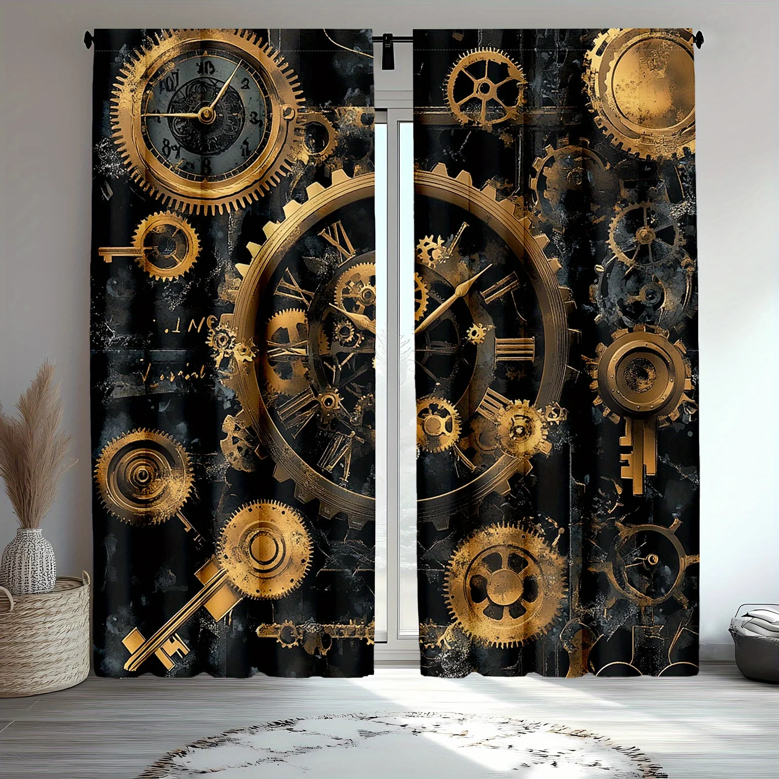 2pcs Steampunk Vintage Art Curtains - Industrial Black with Golden Gears and Clock Design, Semi-Transparent Polyester, Machine W