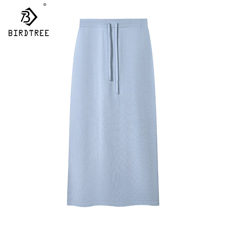 Birdtree, 46.7%Sheep Wool, Women Long Skirt, Solid Woolen Knitted Skirts, 2024 Autumn Winter Warm Under Dress, Black B49519QM