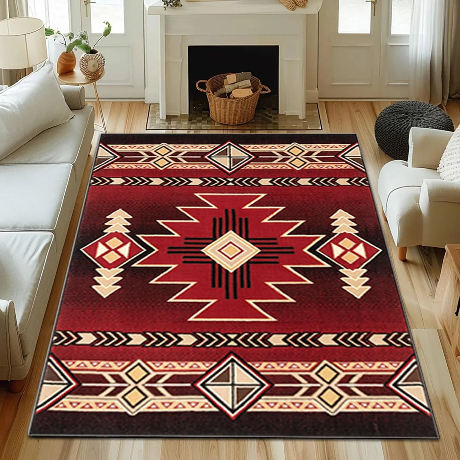 Southwestern Tribal Area Rug Aztec Rustic Rug,Machine Washable Geometric Rug, Non-Slip Indoor Floor Rug for Bedroom Living Room