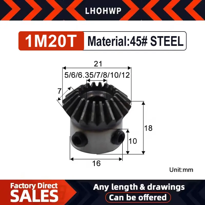 2PCS Bevel Gear 1M 20Teeth 45# Steel Inner Hole 5/6/7/8/6.35/10/12mm Gear 90 Degrees Meshing Angle Steel Gears Screw Hole M5
