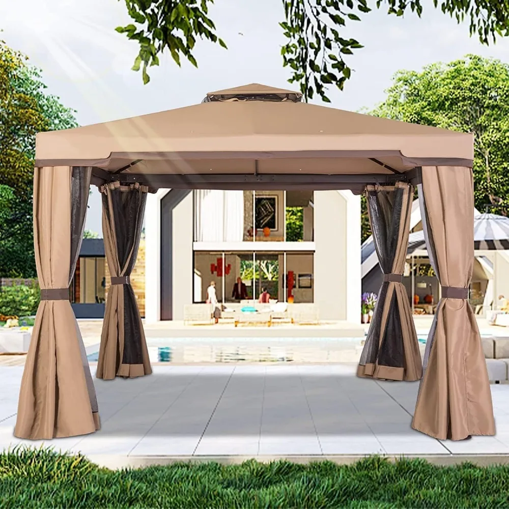 

10' x 10' All-Season Permanent Soft-Top Patio Gazebo, Outdoor Gazebo Canopy with Net Drapery Mosquito Netting and Shade