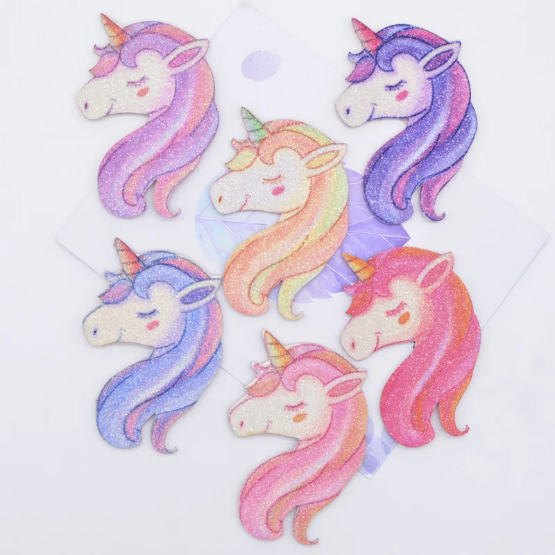12Pcs/lot Glitter Print Appliques Unicorn Horse for DIY Crafts Cake Topper Headwear Hair Clips Bow Decor Accessories Patches