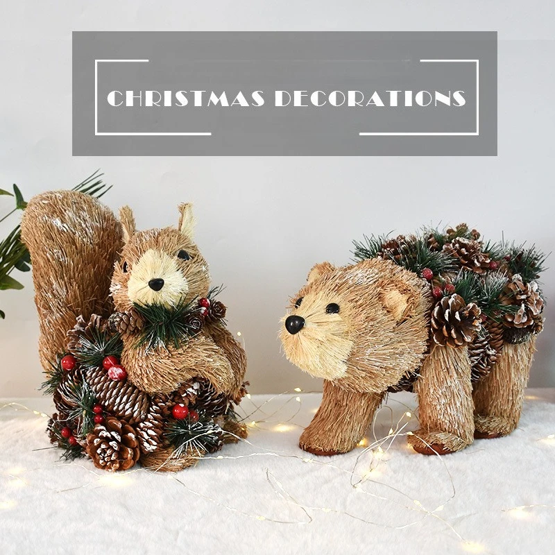 Christmas Sisal Tabletop Decorations Squirrel Owl Bear Figurine Xmas Centerpiece for Table Mantle Forest Mantle Decor Xmas Gifts