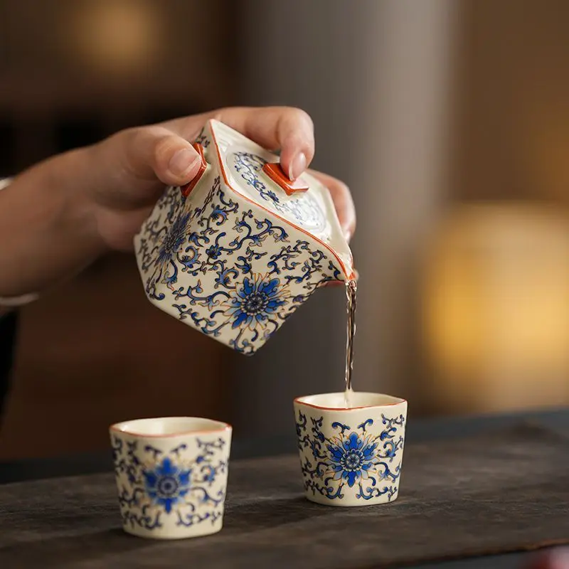 Ru Kiln Square Teapot Interlocking Lotus Handheld Pot Blue Flower Gaiwan Anti-Scald 1-Person Tea Set Corporate Gift for Clients