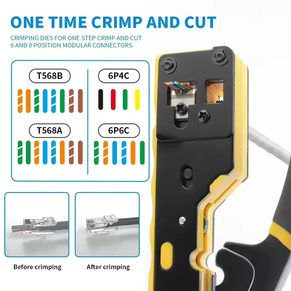 RJ45 Network Crimper Pass Through Multifunction Ethernet Crimping Pliers Crimp/Cut/Strip for Cat6 Cat5 Cat5e RJ45 Connectors