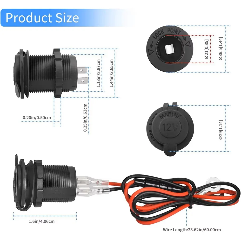 2pcs 12V Car Cigarette Lighter Socket Plug Socket For Truck Motobike Boats Marine ATV With Fuse & 60cm Cable