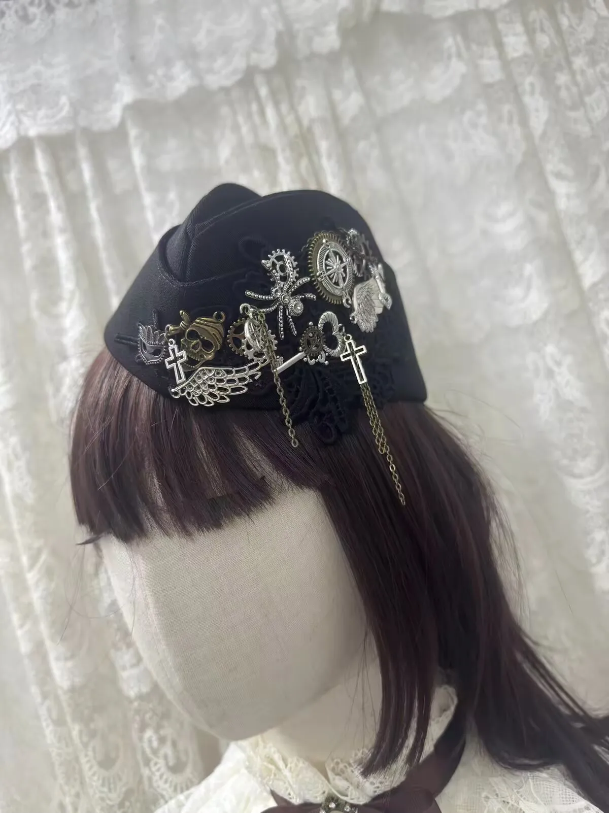Women Girls Plush Bunny Ears Hat Sweet Lolita Style Cross Bone Decorated Cap Cosplay Party Photo Prop
