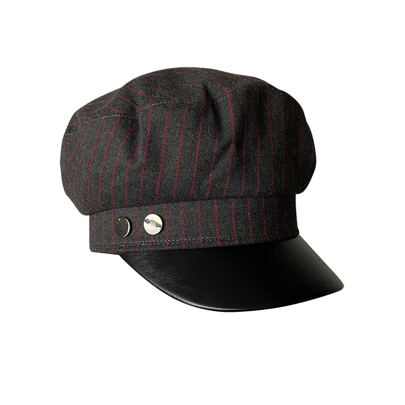 Unisex Autumn Winter Navy Style Striped Cap, Korean Minimal Flat Top Short Brim Peaked Hat Casual Fashion Street Headwear