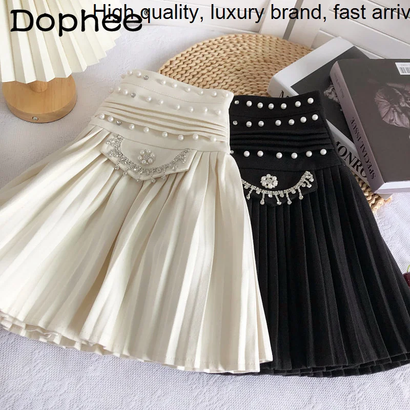 Rhinestone Korean Exquisite Beaded White Pleated Women 2023 Spring Summer New High Waist Slim Black A- Line Hip Mini Skirt