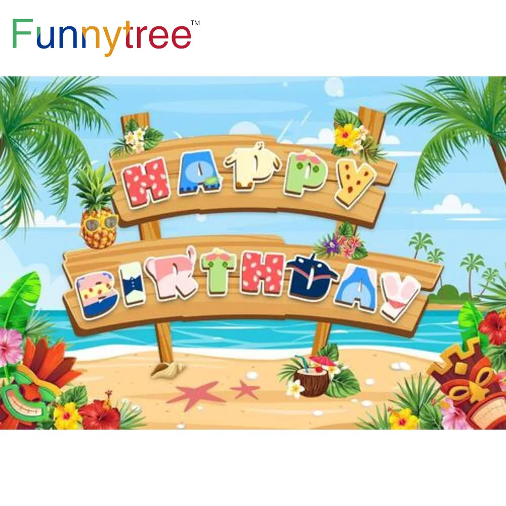 Funnytree Summer Seaside Happy Birthday Theme Backdrop Wooden Sign Tropical Flowers Fruit Holiday Party Decor Custom Poster