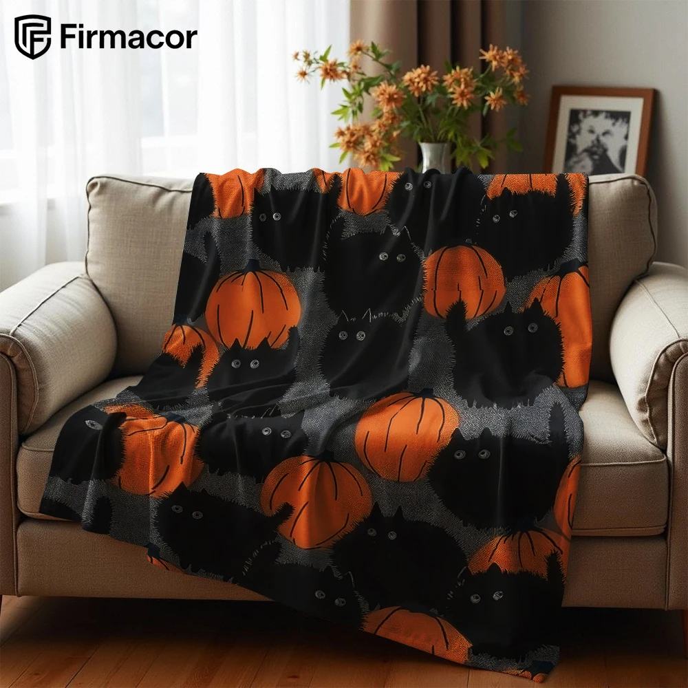 Grey Black Cat Pumpkin Soft Flannel Blanket Breathable Warm Throw for Office Car Sofa Kids Room Birthday Xmas Gift