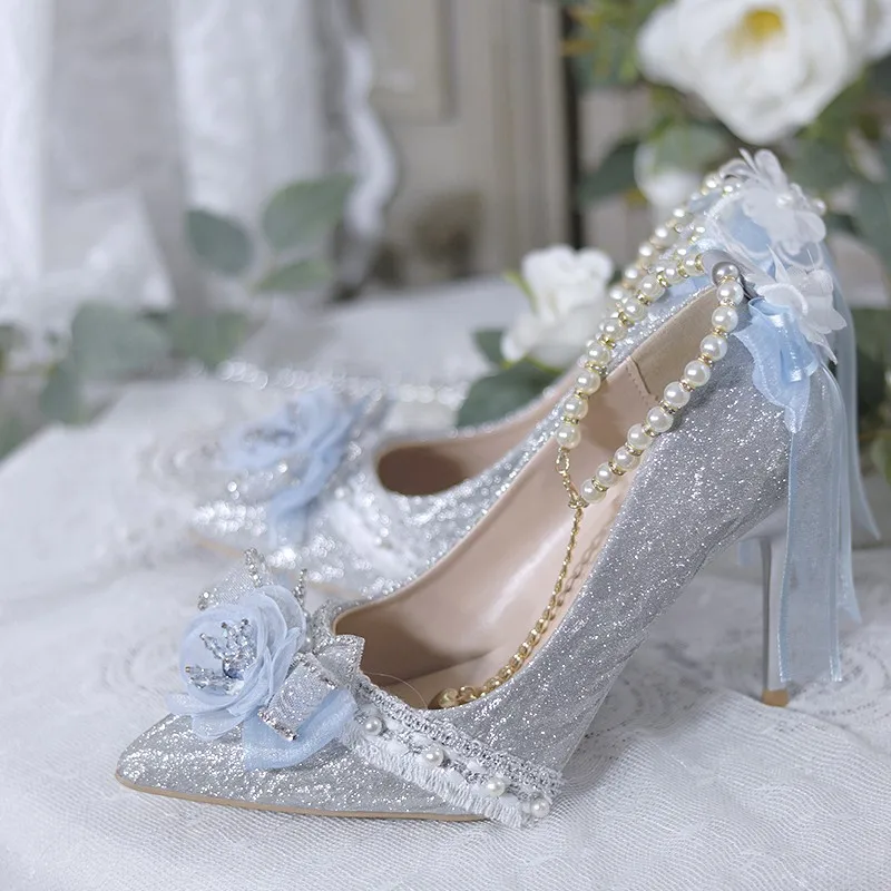 Kawaii Romantic Lolita Shoes Pointed Toe High Heels 8cm Vintage Feminine Flower Wedding Women Sandals