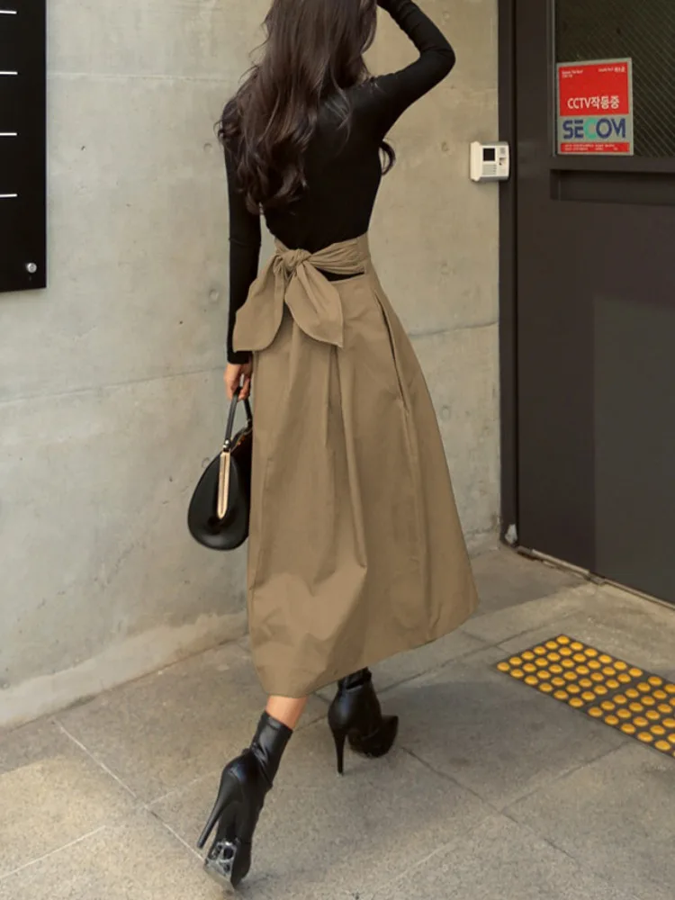 Gonna a trapezio retrò snellente da donna Primavera Autunno ular Knot Versatile gonna midi in cotone a vita alta