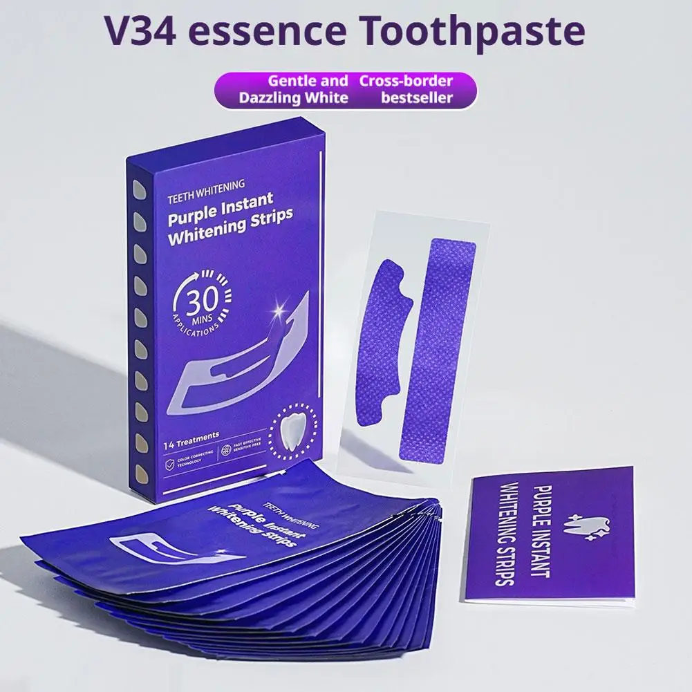 14 Pares de Tiras Blanqueadoras de Dientes V34 Púrpura, Set de Blanqueamiento, Fórmula para el Cuidado del Esmalte, Blanqueamiento Instantáneo, Reparación de Manchas de Humo, Tiras Dentales