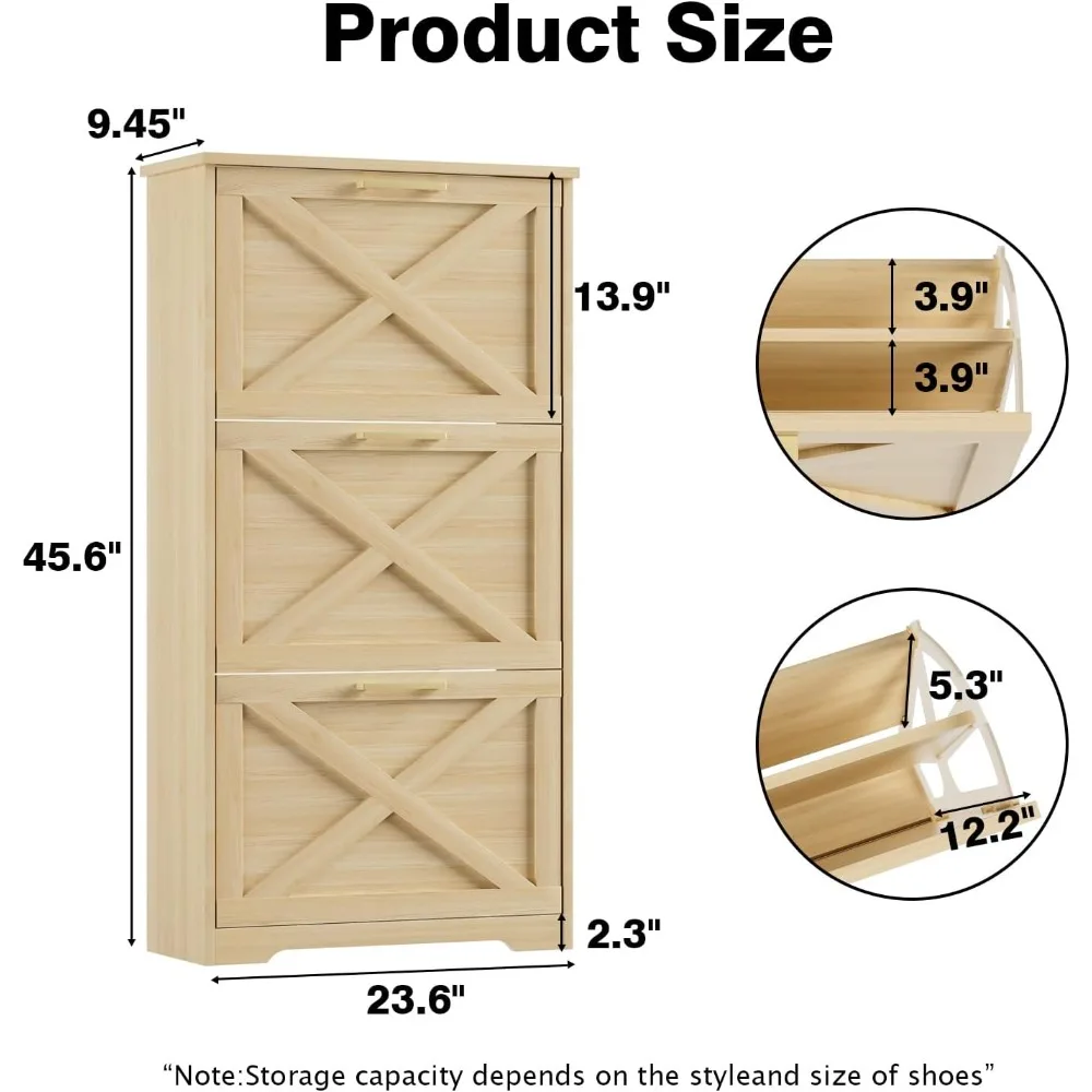 Shoe Cabinet for Entryway with 3 Flip Drawers, 3 Tier Freestanding, Slim Narrow Shoe Organizer Cabinet for Entryway, Hallway, Li