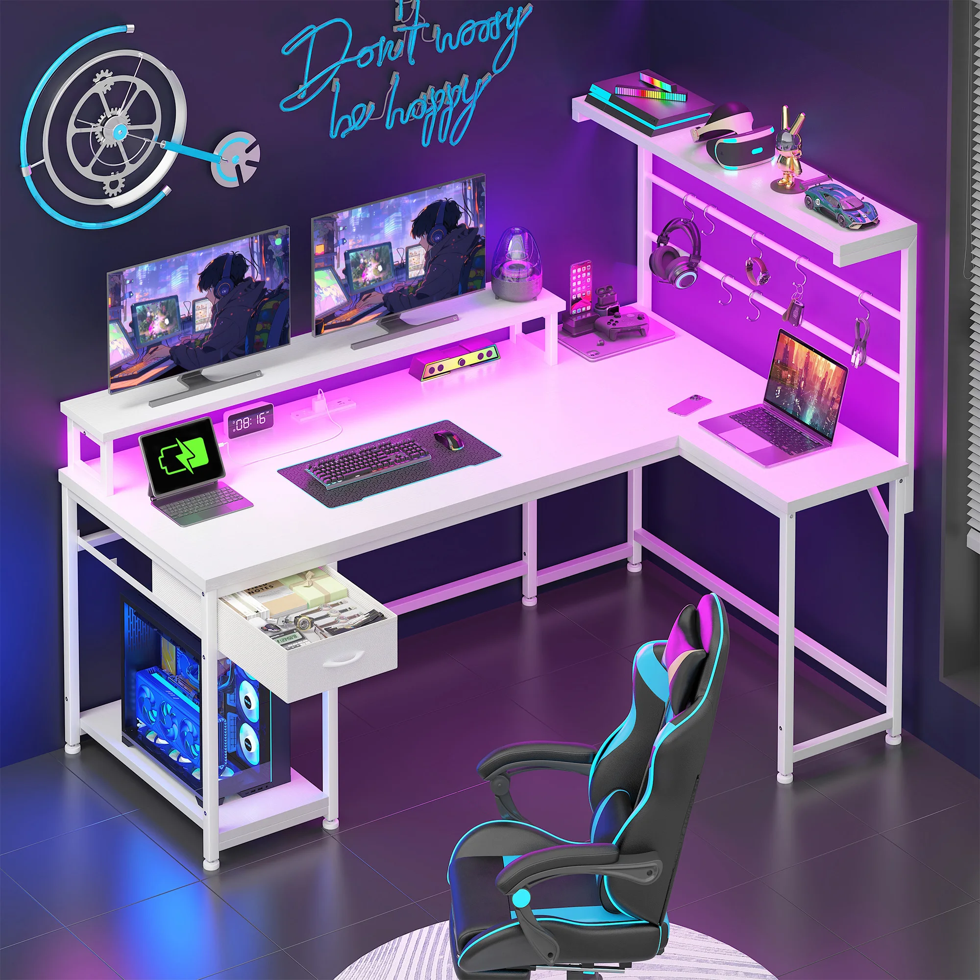 L字型ゲーミングデスク（LEDライト＆電源コンセント付き）、 - Home Office L Shaped Desk のレビューと価格