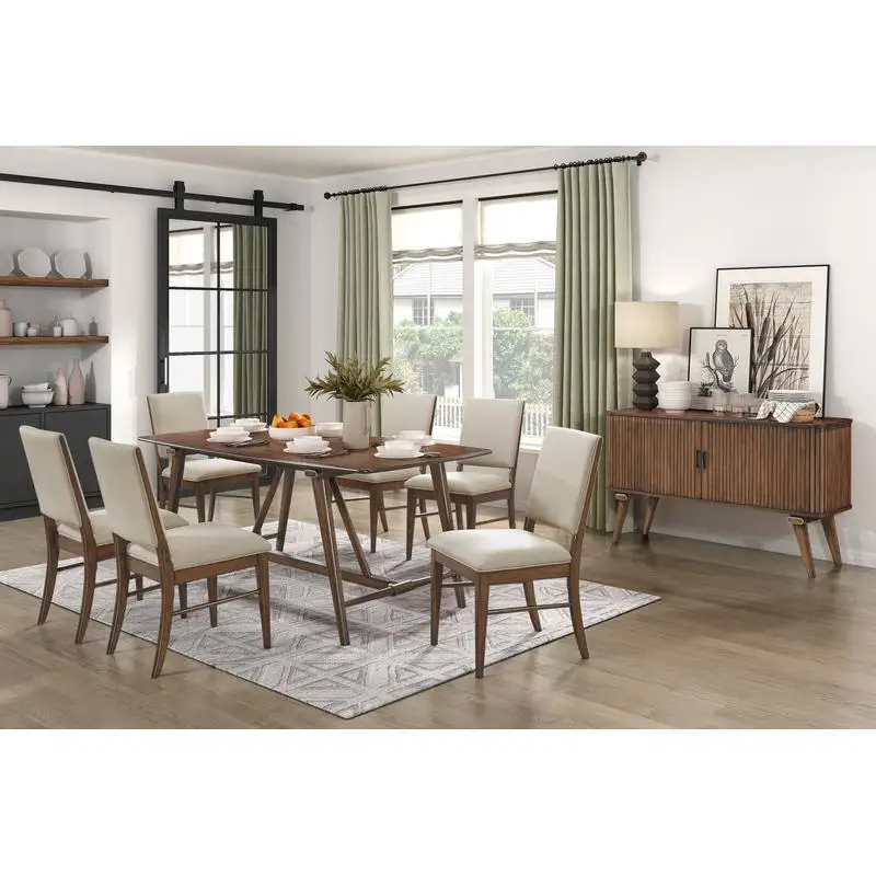 테이블과 6개의 덮개를 씌운 의자가 포함된 현대적인 7피스 다이닝 세트, 갈색 마감의 목재 주방 가구