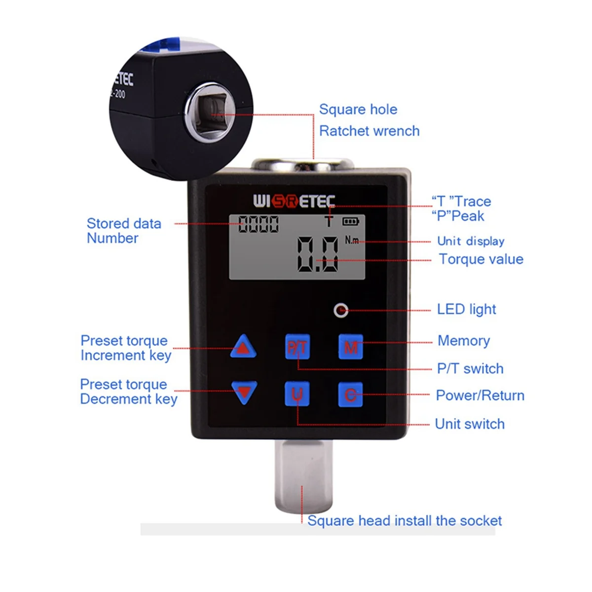 New WISRETEC Digital Torque Meter Digital Backlight Display Two-Ways Measurement Two Working Modes Adjustable TQA2-030