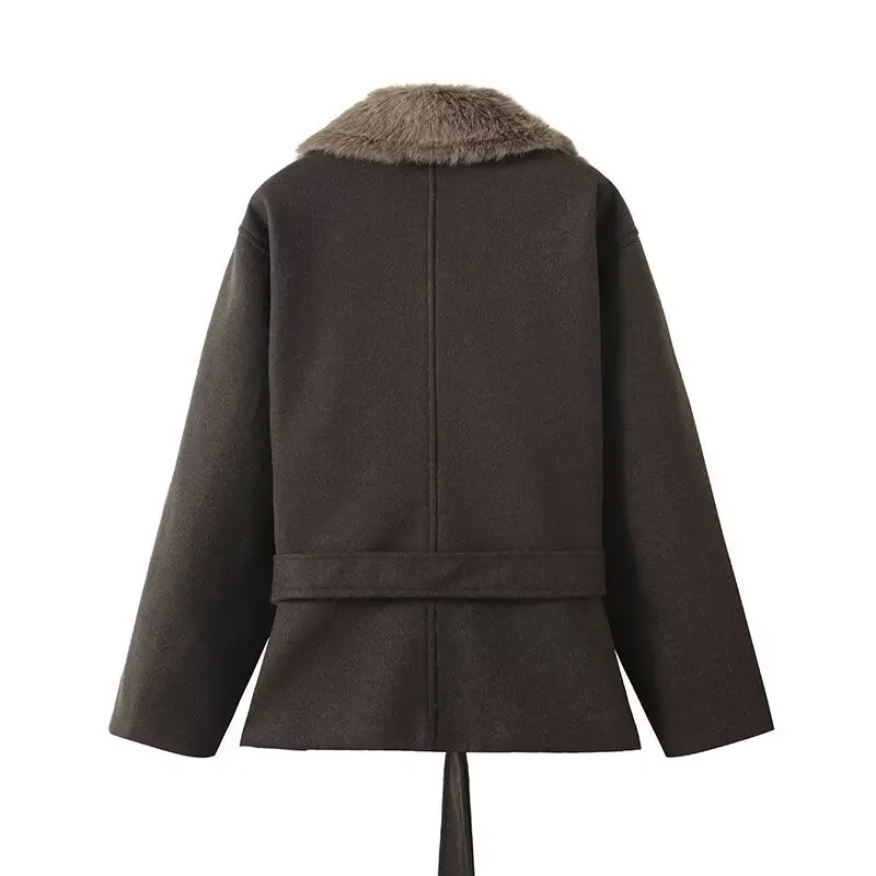 Inverno 2025 feminino fibra mista pele artificial efeito gola casaco jaet outro material 00% novo sle outerwear