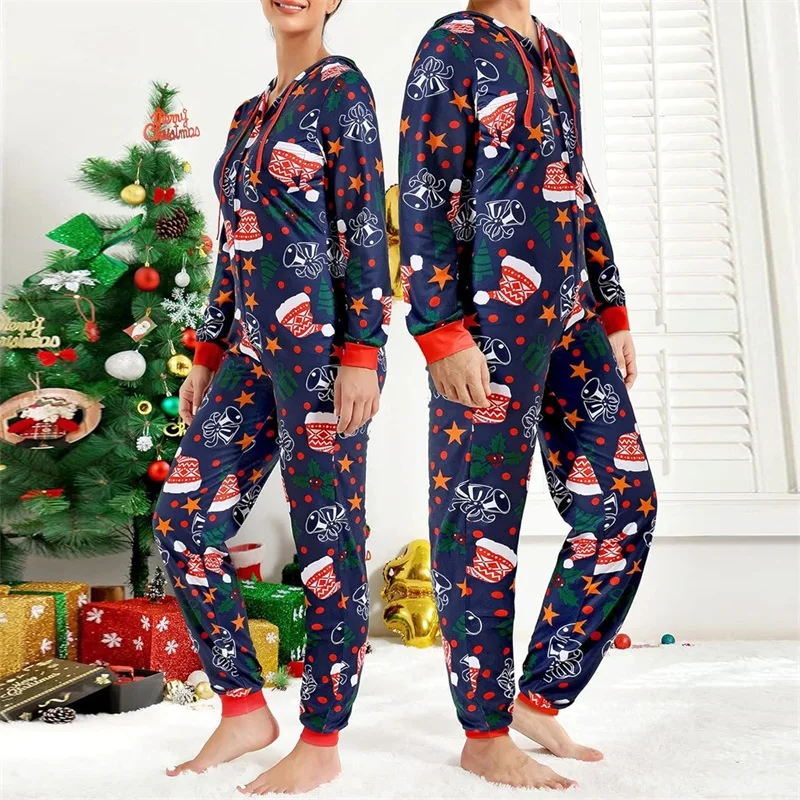 Christmas Pajama Set for Couples Cute Print Hooded Zipper 1 Piece Rompers Loungewear Sleepwear Family Holiday Homewear