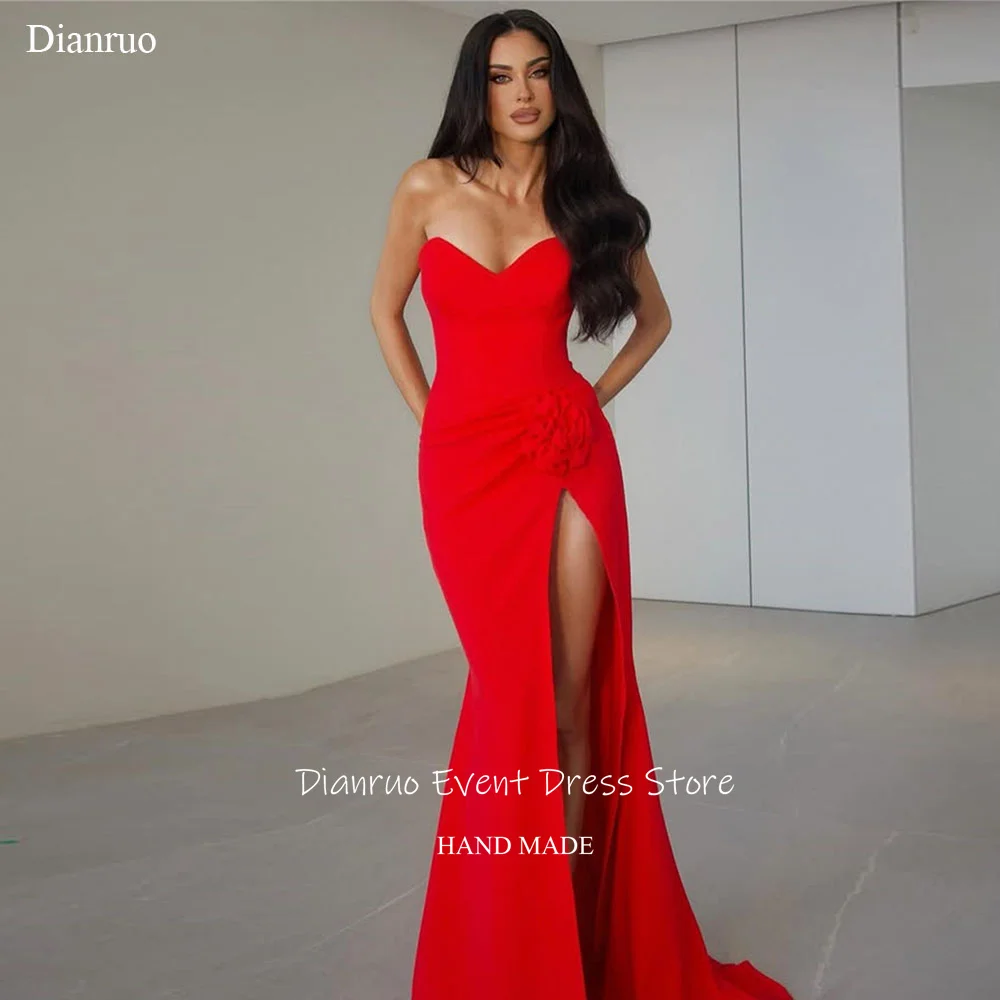 

Dianruo Red Mermaid Evening Dresses Sweetheart Glamorous Satin Abendkleider Hochzeit High Slit 3D Floral Prom Gowns Customized