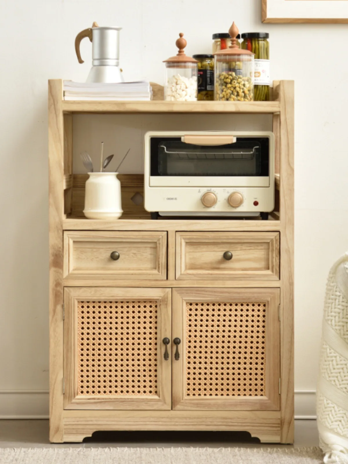 

Solid wood dining side cabinet Multifunctional living room tea cabinet Storage cabinet New Chinese side table Double door rattan