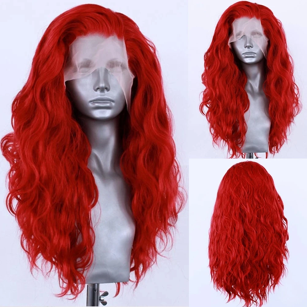 ZXBMALWIGS Peluca de cabello rojo para mujer, peluca frontal de encaje 13x4, Onda de agua sintética, Cosplay de fibra de alta temperatura, 26 ", largo, sin pegamento