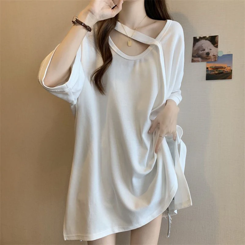 

Summer Solid Color Women Short Sleeve T Shirt Drawstring Hollow Out Korean Fashion Casual All-match 2xl Oversized Clothing White