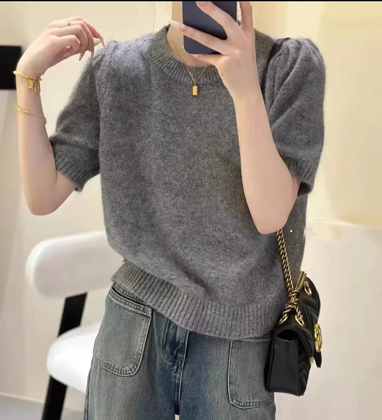 

100% Merino Wool Fashion New O-Neck Solid Color Woolen Sweater Pullover Half Soft Sleeves Cashmere Versatile Clothing Top