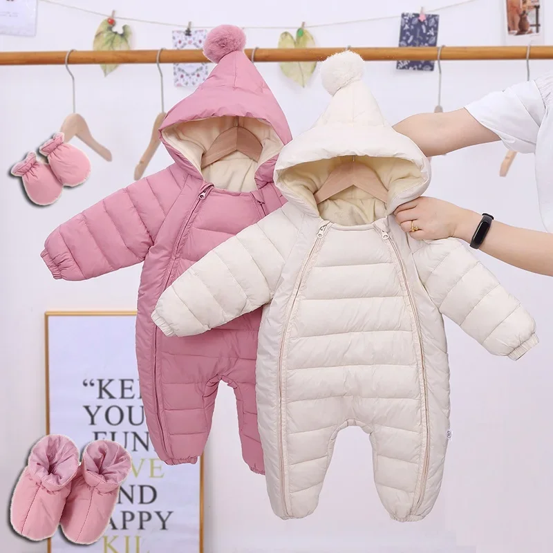 

2025 Newborn Baby Jumpsuit Hooded Plus Velvet Warm Baby Boys Snowsuit Toddler Snow Suit Baby Girl Cotton Overalls Rompers