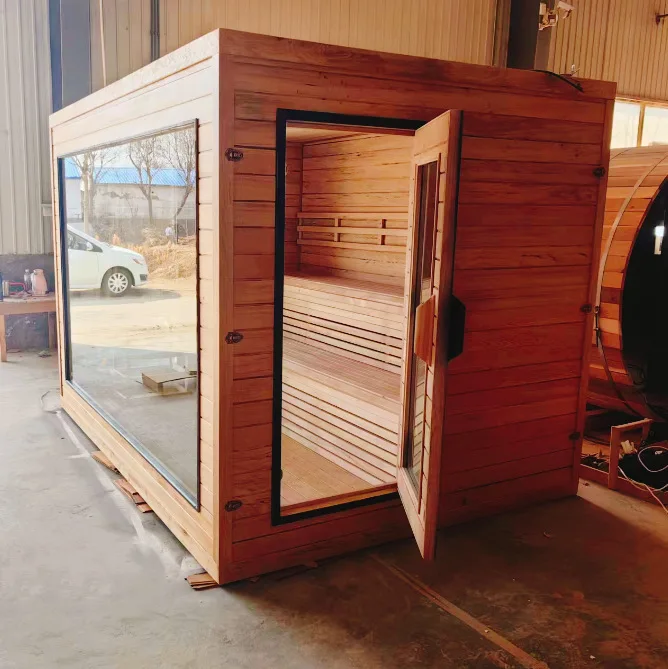 Outdoor wooden traditional panoramic side door wet sauna