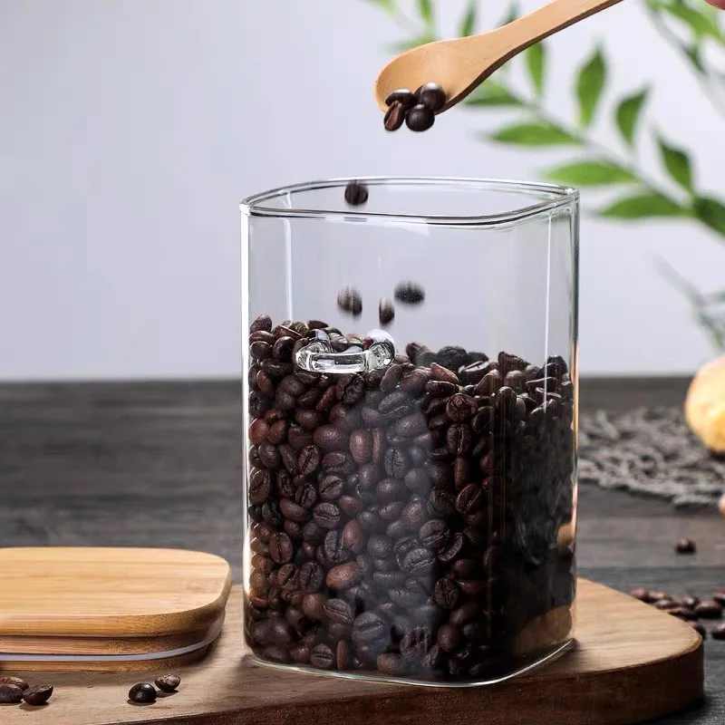 Coffee Canister Square Kitchen coffee bean Storage Sealed Jar with Wooden Spoon Glass Tea Storage Jar