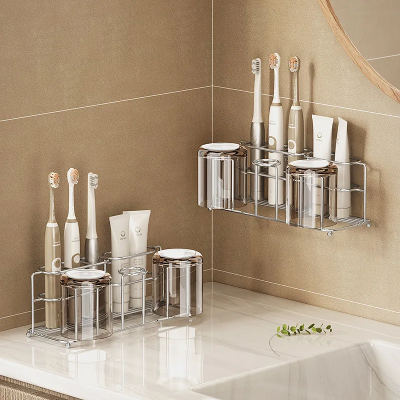 Stainless Steel Storage Shelf Punch-Free Bathroom Mouthwash Cup Holder Toothpaste Holder Electric Toothbrush Holder Bathroom