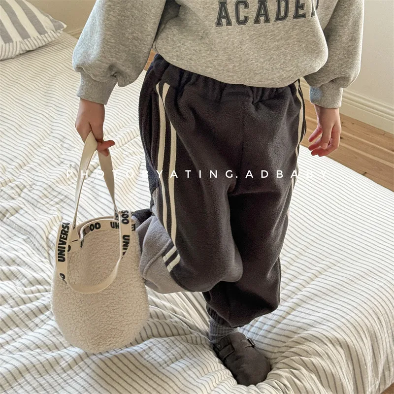 2025 Winter New Children Fleece Trousers Solid Boys Warm Sweatpants Plus Velvet Thick Girls Harem Pants Cotton Kids Casual Pants