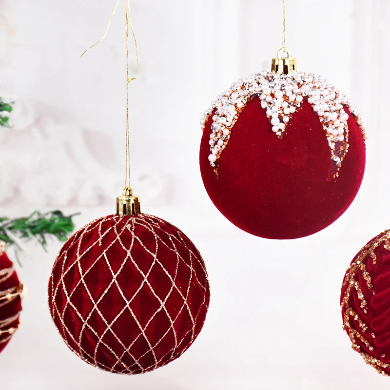 8 cm Weihnachten Burgunder Samt Kugeln Beflockte Weihnachten Hängende Ornamente Weinrote Kugeln Hochzeitstag Party Weihnachtsbaum Dekor