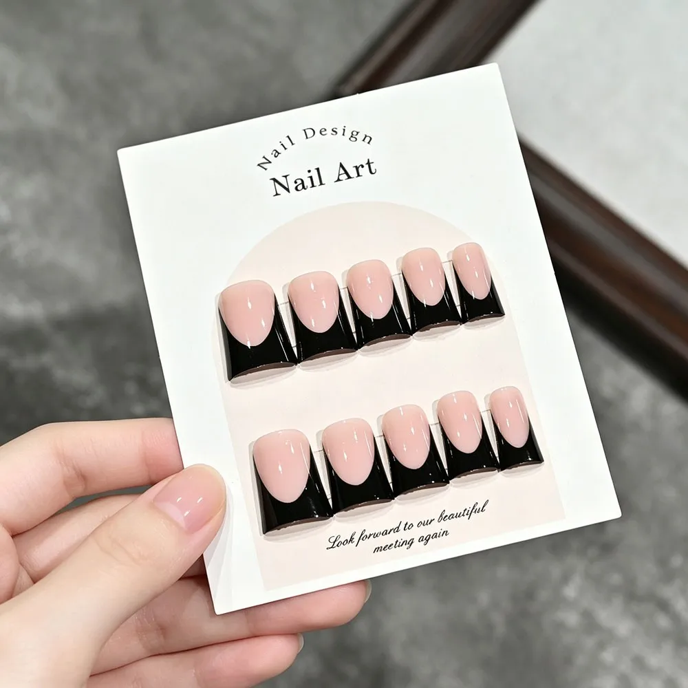 120pcs Glossy Black French Duck False Nails, Medium Tips