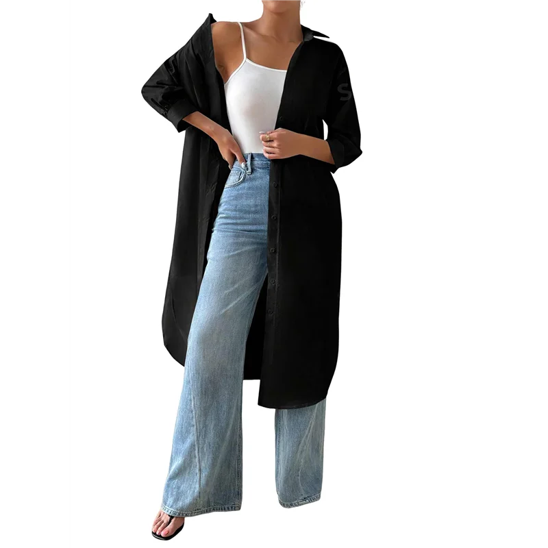 

ASDS-Женские повседневные рубашки на пуговицах со средними рукавами, однотонные длинные блузки с лацканами, топы