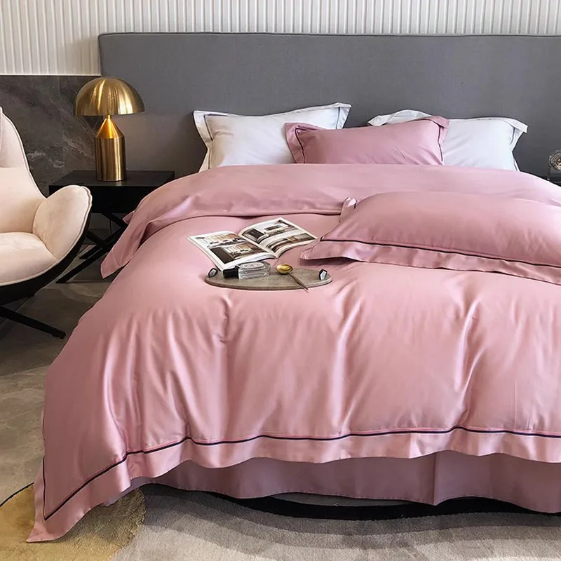 

2024 New Four-piece Bedding Simple Cotton Double Household Bed Sheet Feather Atterns Quilt Cover Comfortable Bedding Pink Color