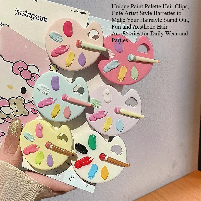 Cute Artist Palette Hair Clips, Kawaii Paint Palette Barrettes with Brush Design, Aesthetic Hair Accessories for Girls and Women, Fun Cartoon Hair Pins