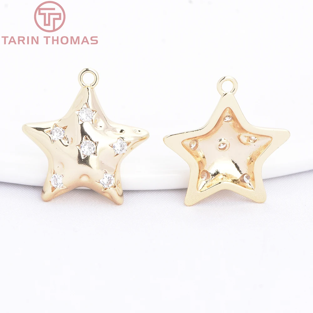 (10419) 4PCS 17x18MM 24K Gold Color Brass with Zircon Star Shaped Necklace Pendants High Quality DIY Jewelry Making Accessories