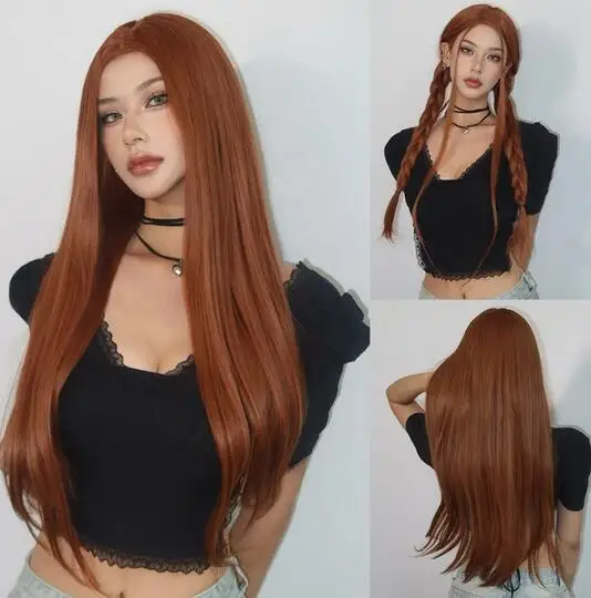 

Copper Ginger Brown Long Straight Wig Synthetic Women's Wigs Middle Part Cosplay Daily Use Natural Hair Heat Resistant Fibre