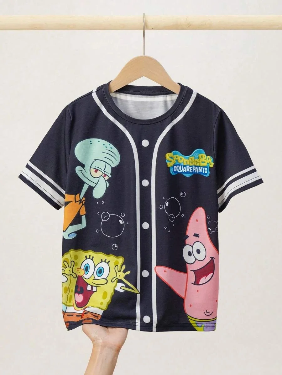 Sommerliches SpongeBob Schwammkopf T-Shirt in Marineblau mit großem Star Octopus Brother Aufdruck, Lässiges Kurzarm-Shirt – Detail 4