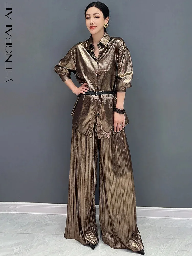 

SHENGPALAE 2024 Summer New Women's Two Piece Set Bright Face Pleated Long Shirt And Wide Leg Pants Casual Fashion Clothes 5C1056