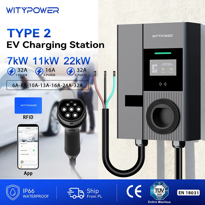 Station de recharge pour véhicules électriques WityPower 7kW 11kW 22kW Type 2, chargeur de voiture électrique, commande par application, borne de recharge murale