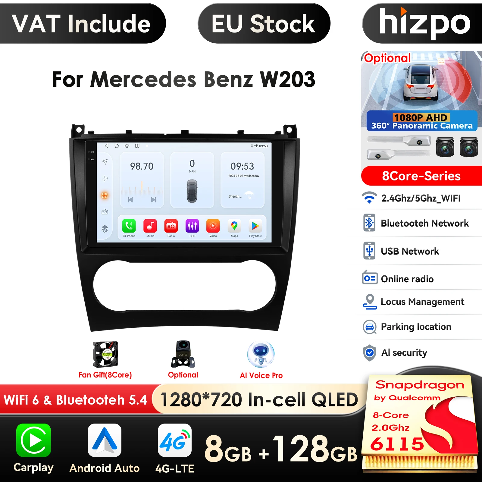 Lettore multimediale per auto Carplay 4G 2 Din Android 14 per Mercedes Benz CLC W203 Classe C C180 C200 CLK200 CLK W209 GPS RDS AutoRadio