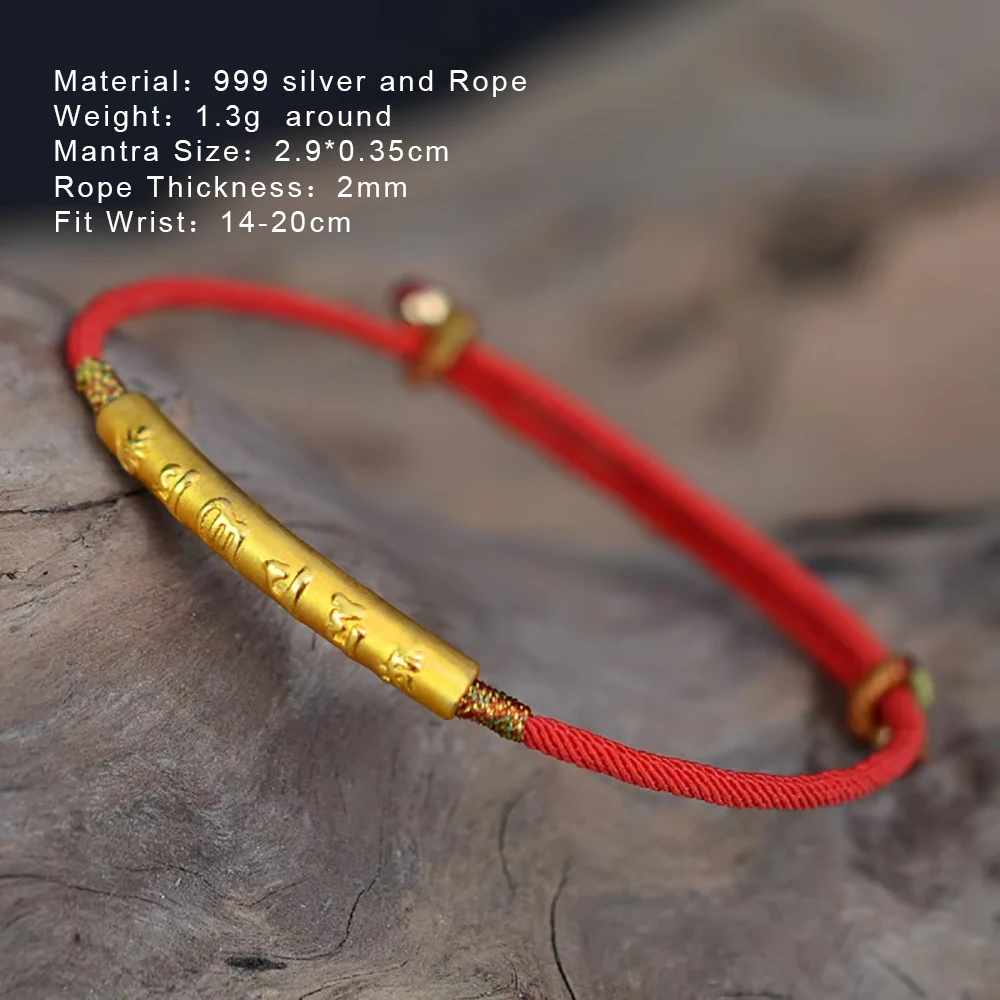 999 Sterling Silver Gold Color Handmade Thin Red String Bracelet For Women Six Words Engraved Mantra Prayer Buddhism Jewelry