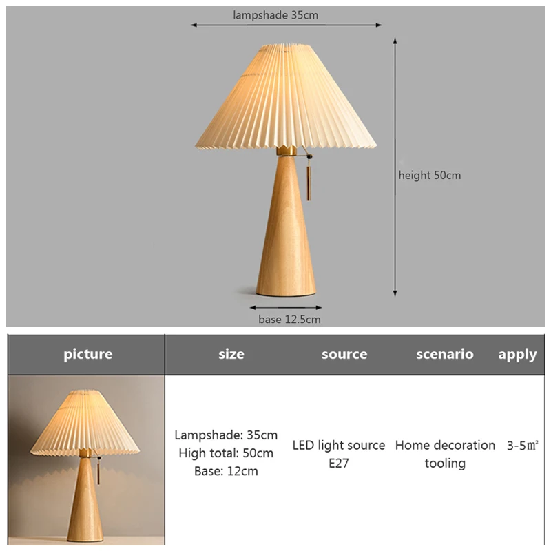 Retro Pleated Table Lamp Nordic Solid Wood Table Lights Study Reading Table Lamps For Bedroom Home Decoration Lighting E27