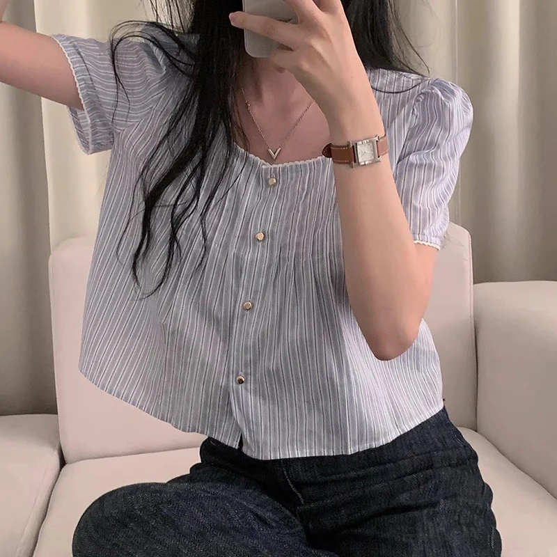 

Liangliang Gentle Ele Ruffle Trim Splice Square Collar Loose Women's irt Summer New Agel Korean Sle Bubble Sve
