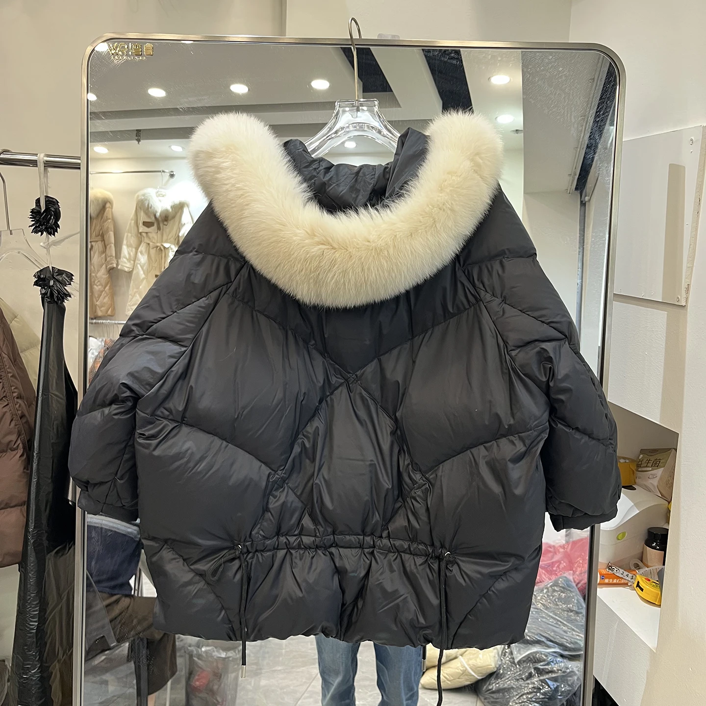 الأوروبية Sle المرأة Thiened طويلة مقنعين أسفل Jaet الفراء طوق عادية Faion ملابس خارجية دافئة منتصف طول معطف مبطّن #2